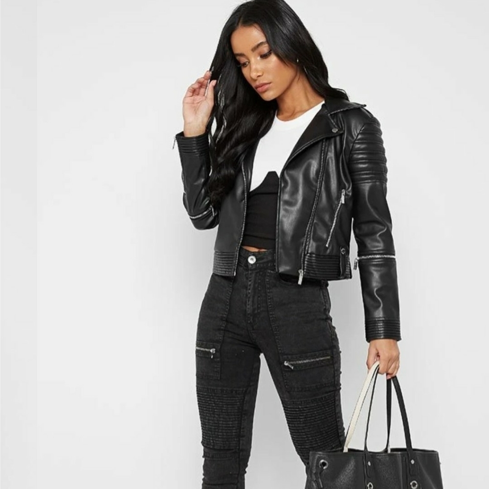 Vegan Leather Biker Jacket w/ removable Collar